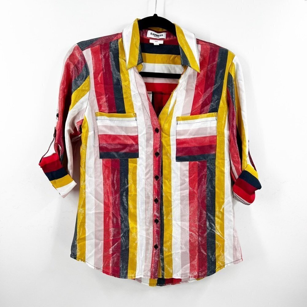Express Red Multicolor Stripe Button Down Top Siz… - image 1